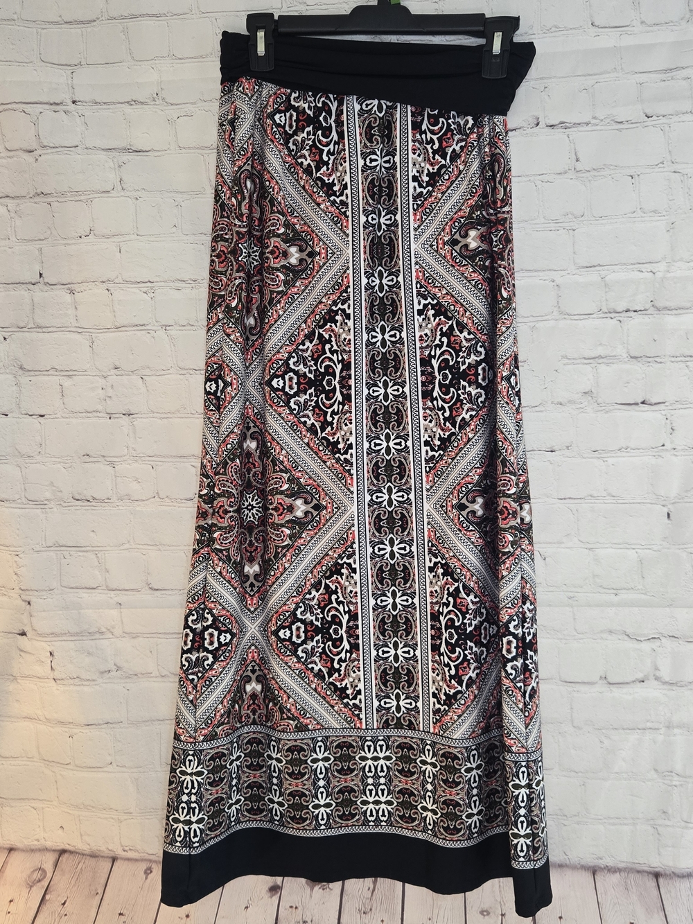 Alyx Black and Red Geometric Print Maxi Skirt Y2k Slinky Fold Over Waist Sz M